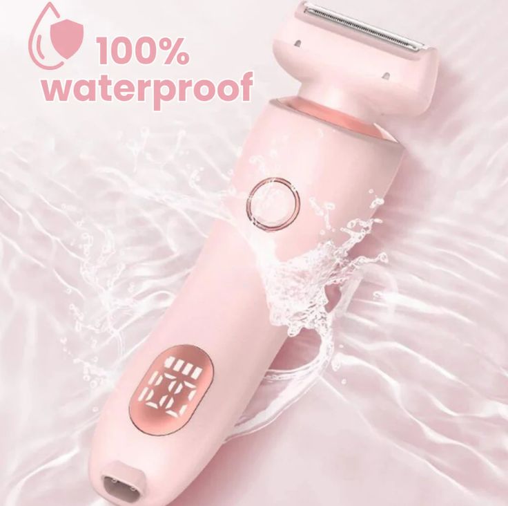 Pink electronic device with water splashing around it, labeled '100% waterproof'.