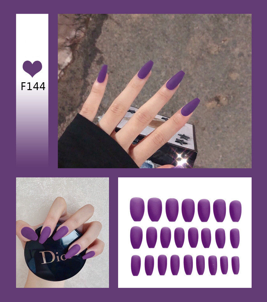 Purple matte press-on nails set close-up view on model 