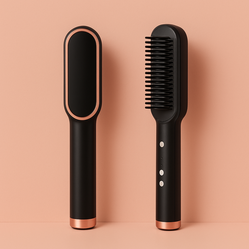 Ceramic anti-scald hair straightening comb on a peach background 