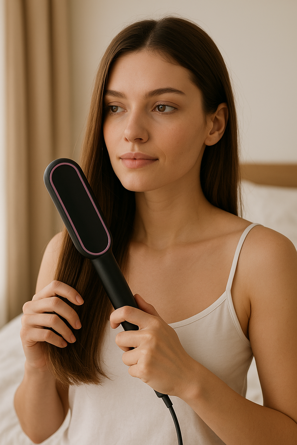 "Woman styling her hair with a ceramic anti-scald straightening comb."