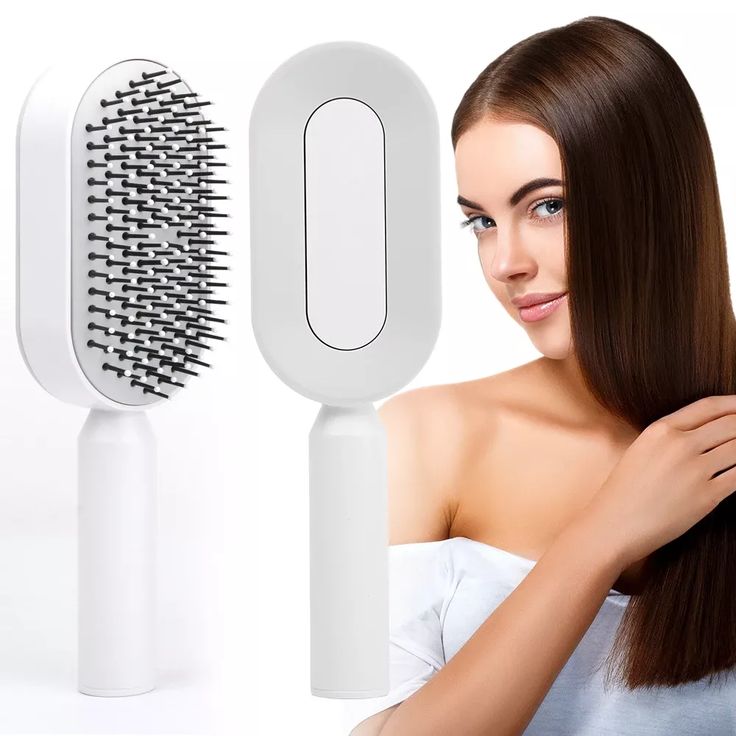 Hairbrush with bristle head and smooth surface, next to a woman with long hair.