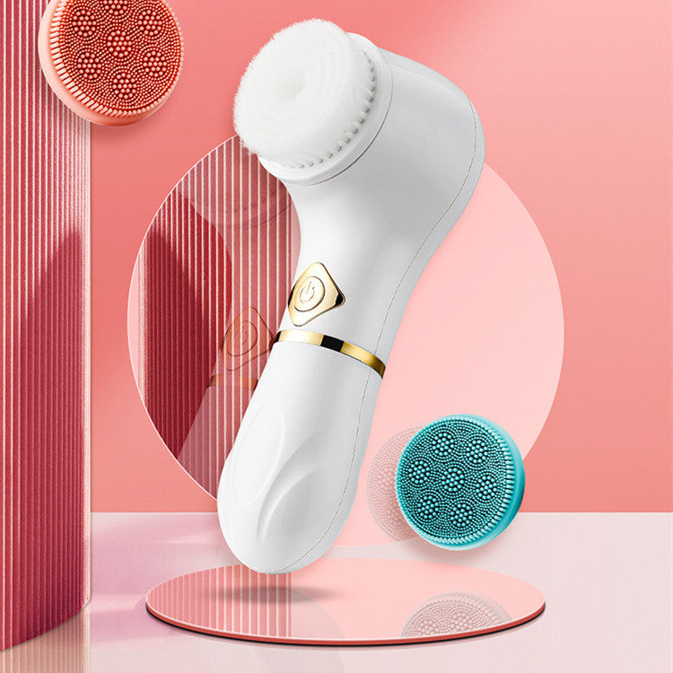 White facial cleansing brush with attachments on a pink background
