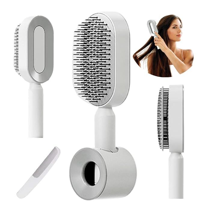 Set of hair care tools including a brush, comb, and attachments on a white background.