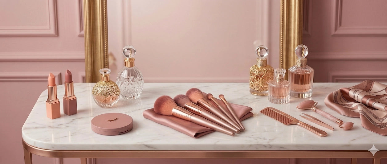 Rose gold makeup products including lipsticks, perfume bottles, and brushes on a marble table.