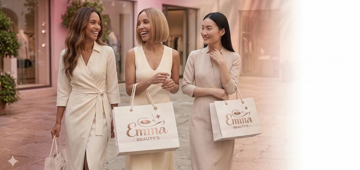 Three women walking together with 'Emma Beauty' shopping bags in a store setting.
