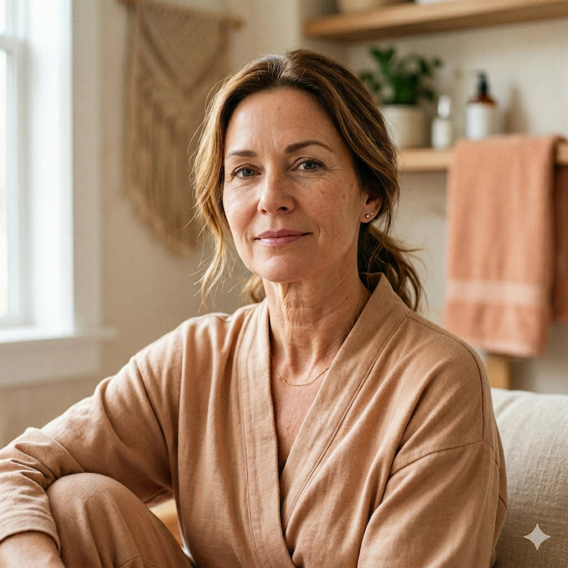Woman in a beige robe sitting in a cozy room with a window and shelves in the background.