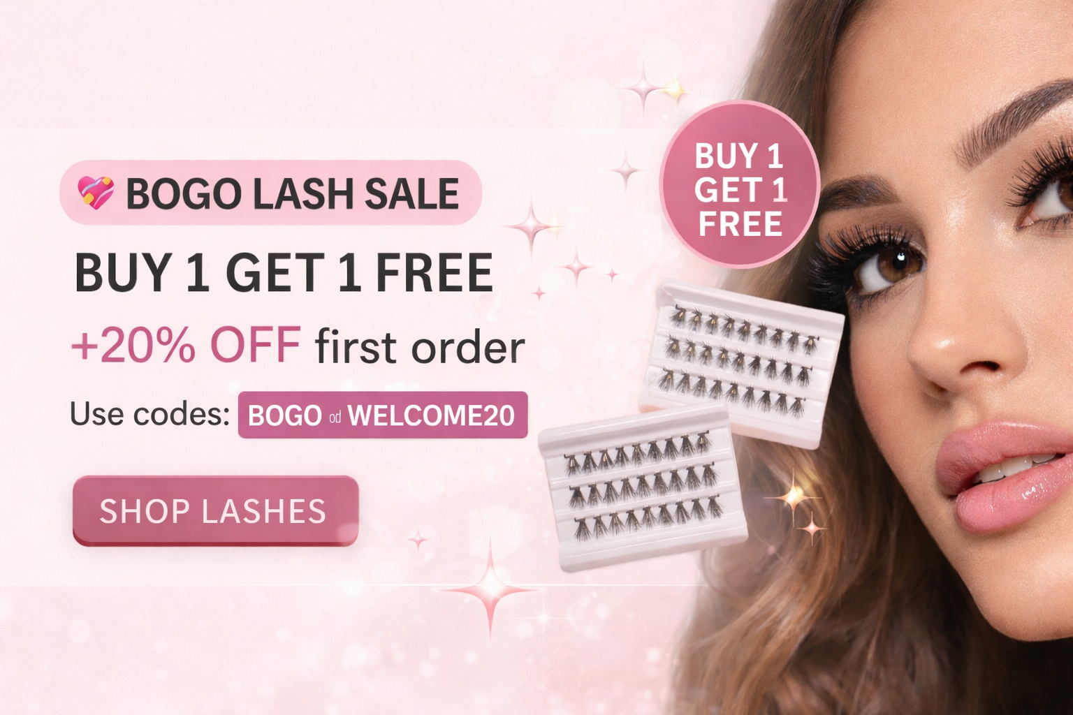Lash sale advertisement with a woman wearing false eyelashes and lash packages.