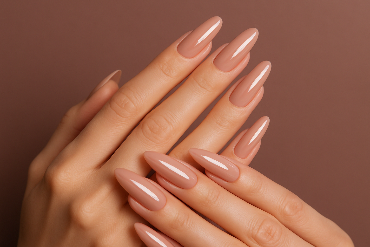 long sleek beautiful nails painted polished background color #8E6463